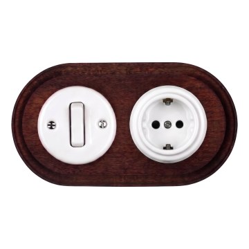 Elhard - Interruptor retrô de cerâmica n.º 1 e tomada 230V com moldura SCHUKO branco/madeira escura