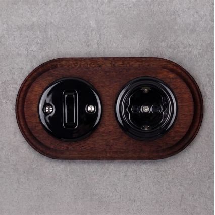 Elhard - Interruptor retro em cerâmica n.º 1 e tomada 230V com moldura SCHUKO preto/madeira escura