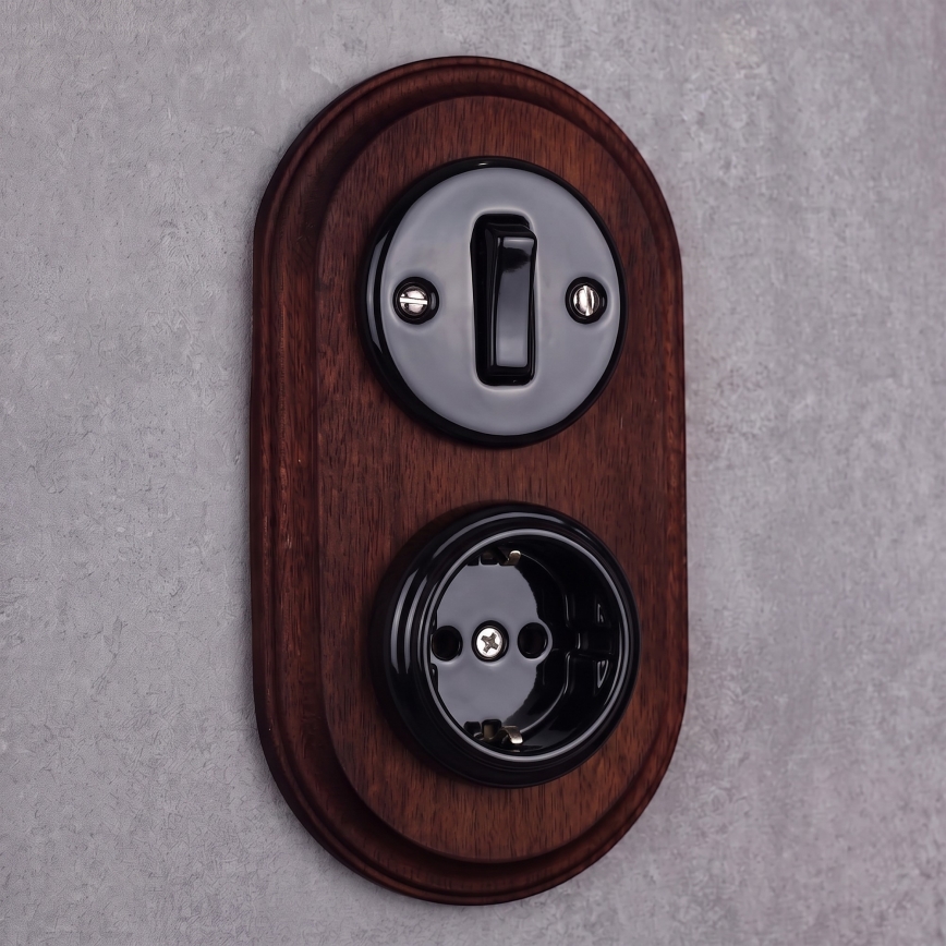 Elhard - Interruptor retro em cerâmica n.º 1 e tomada 230V com moldura SCHUKO preto/madeira escura