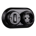 Elhard - Interruptor retro de parede em cerâmica unipolar n.º 1 e tomada SCHUKO 230 V com moldura preta