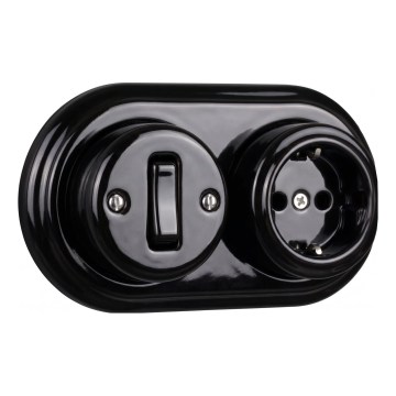 Elhard - Interruptor retro de parede em cerâmica unipolar n.º 1 e tomada SCHUKO 230 V com moldura preta