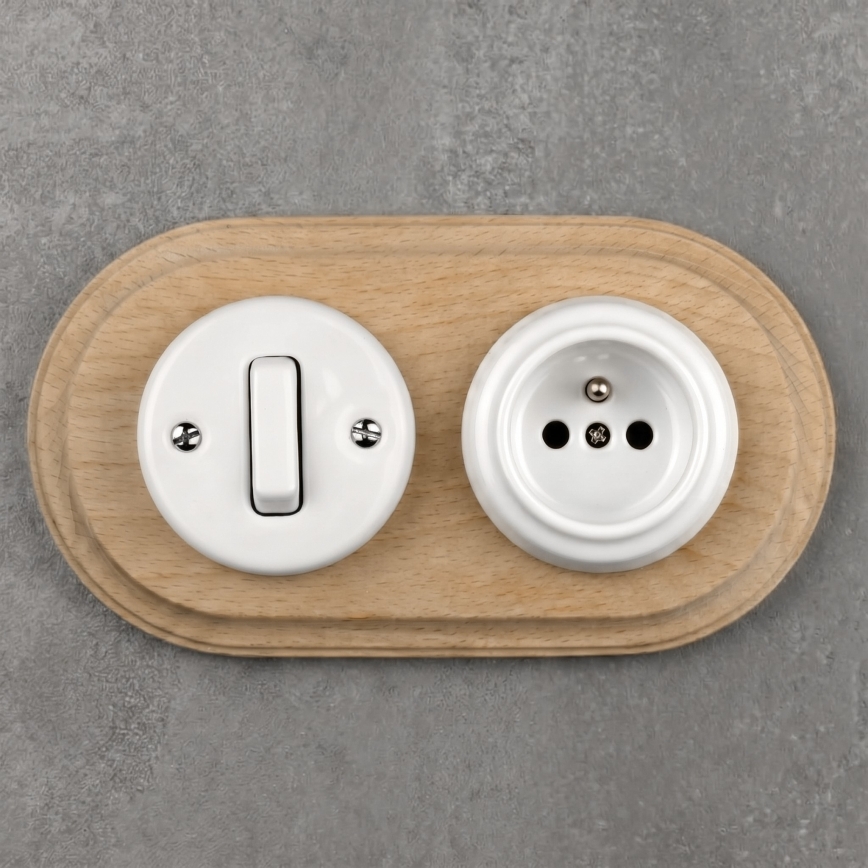Elhard - Interruptor retro cerâmico č. 1 e tomada 230V com moldura branco/madeira clara