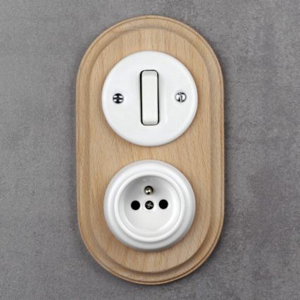 Elhard - Interruptor retro cerâmico č. 1 e tomada 230V com moldura branco/madeira clara