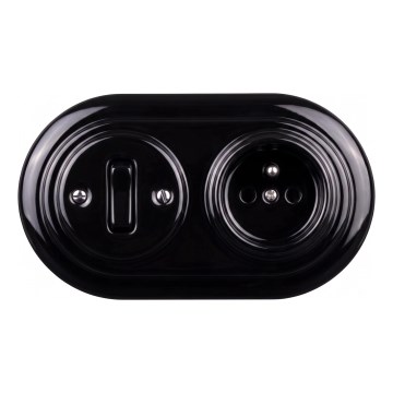 Elhard - Interruptor retro em cerâmica č. 1 e tomada 230V com moldura preta