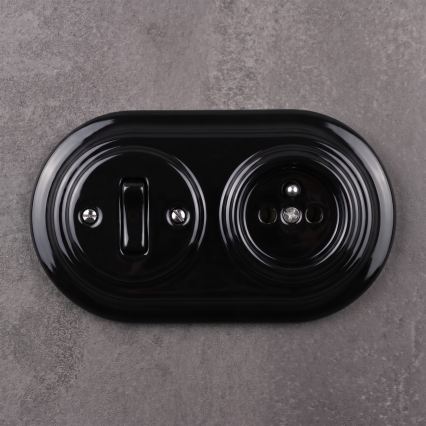 Elhard - Interruptor retro em cerâmica č. 1 e tomada 230V com moldura preta