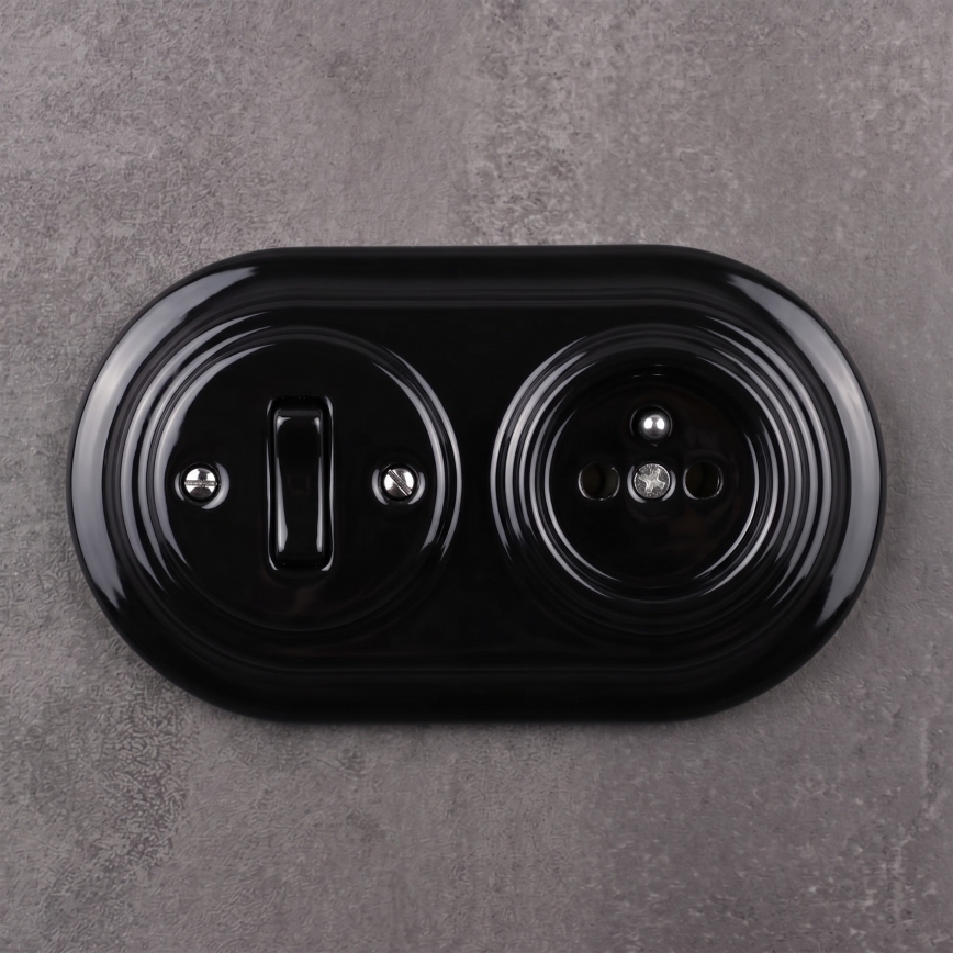 Elhard - Interruptor retro em cerâmica č. 1 e tomada 230V com moldura preta