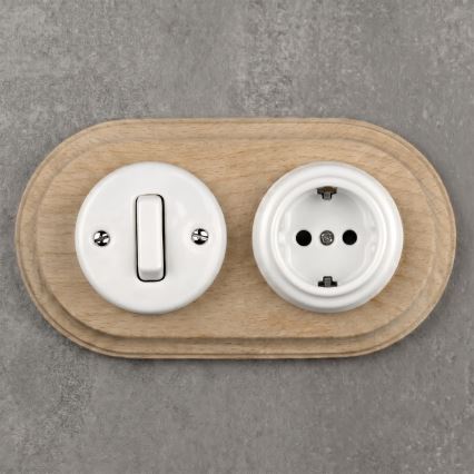 Elhard - Interruptor retro cerâmico n.º 1 e tomada 230V com moldura SCHUKO branco/madeira clara