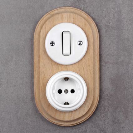 Elhard - Interruptor retro cerâmico n.º 1 e tomada 230V com moldura SCHUKO branco/madeira clara