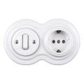 Elhard - Interruptor retro em cerâmica n.º 1 e tomada 230 V com moldura SCHUKO branca