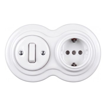 Elhard - Interruptor retro em cerâmica n.º 1 e tomada 230 V com moldura SCHUKO branca