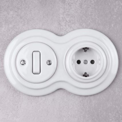 Elhard - Interruptor retro em cerâmica n.º 1 e tomada 230 V com moldura SCHUKO branca