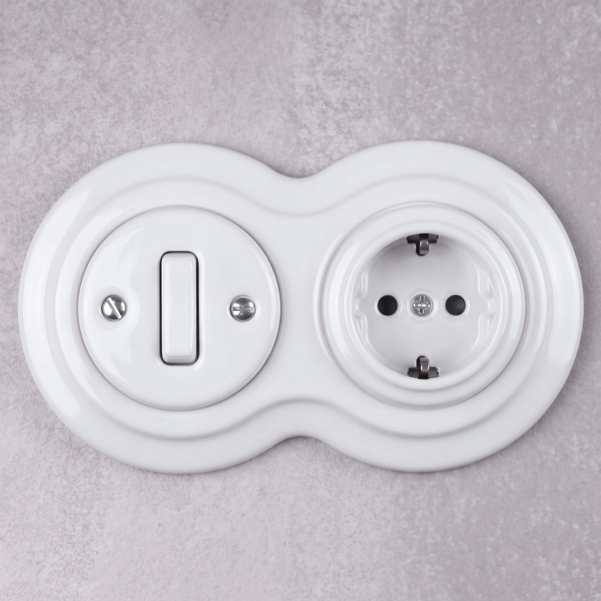 Elhard - Interruptor retro em cerâmica n.º 1 e tomada 230 V com moldura SCHUKO branca