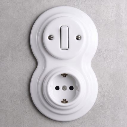 Elhard - Interruptor retro em cerâmica n.º 1 e tomada 230 V com moldura SCHUKO branca