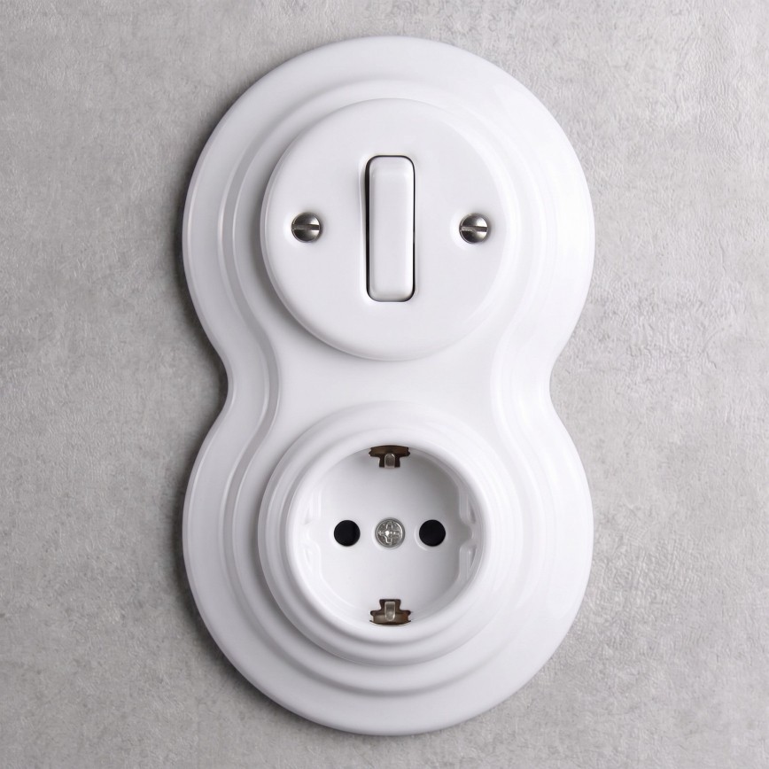 Elhard - Interruptor retro em cerâmica n.º 1 e tomada 230 V com moldura SCHUKO branca