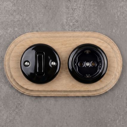Elhard - Interruptor retro de cerâmica, 1 tecla, e tomada 230 V com moldura SCHUKO, preto/madeira clara