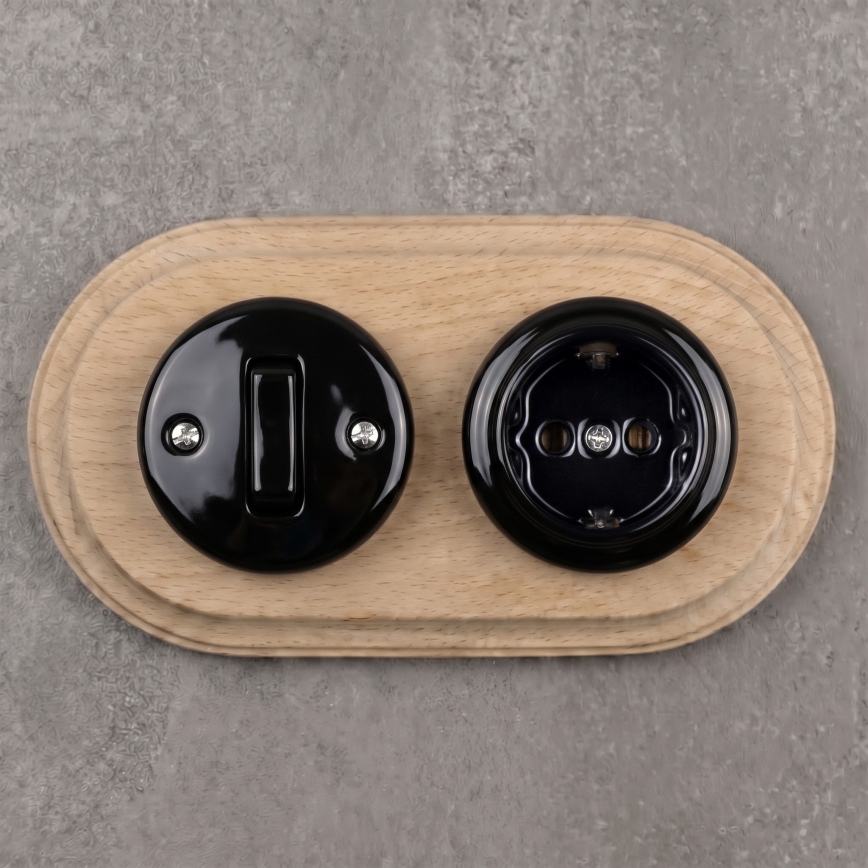 Elhard - Interruptor retro de cerâmica, 1 tecla, e tomada 230 V com moldura SCHUKO, preto/madeira clara