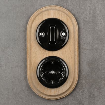 Elhard - Interruptor retro de cerâmica, 1 tecla, e tomada 230 V com moldura SCHUKO, preto/madeira clara