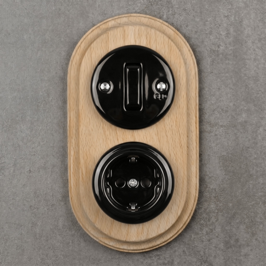 Elhard - Interruptor retro de cerâmica, 1 tecla, e tomada 230 V com moldura SCHUKO, preto/madeira clara