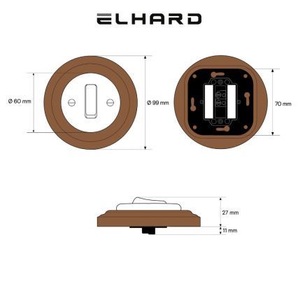Elhard - Interruptor retro simples em cerâmica com moldura n.º 1 branco/madeira escura
