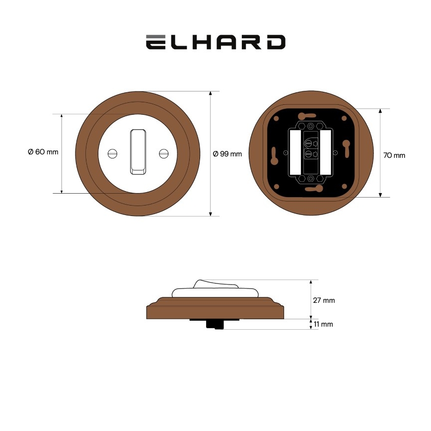 Elhard - Interruptor retro simples em cerâmica com moldura n.º 1 branco/madeira escura