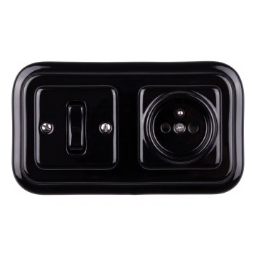 Elhard - Interruptor unipolar retro em cerâmica n.º 1 e tomada 230 V com moldura preta