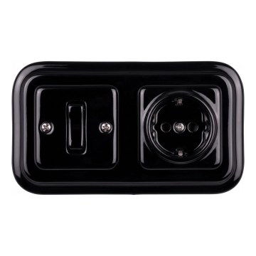 Elhard - Interruptor unipolar retro em cerâmica n.º 1 e tomada SCHUKO 230 V com moldura preta