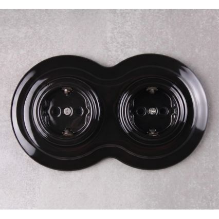 Elhard - Tomada cerâmica retro dupla para uso doméstico com moldura SCHUKO 230V, preta