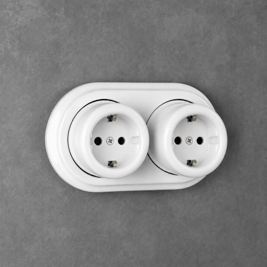 Elhard - Tomada de parede dupla em cerâmica estilo retro com moldura SCHUKO 230V branca