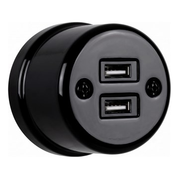 Elhard - Tomada de parede retro em cerâmica 2x USB-A preta