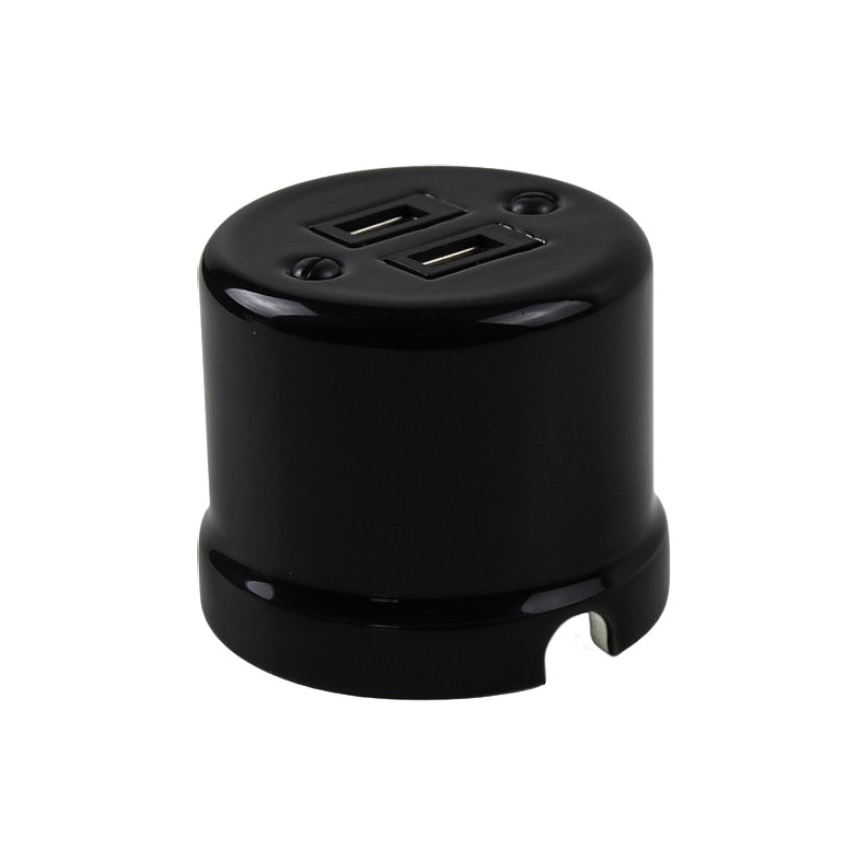 Elhard - Tomada de parede retro em cerâmica 2x USB-A preta