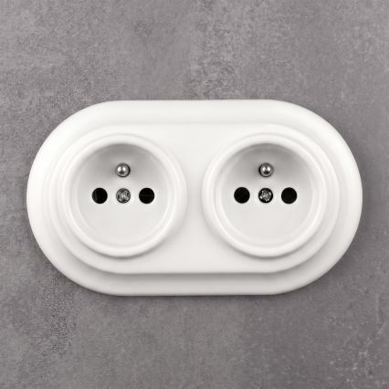 Elhard - Tomada doméstica dupla de cerâmica retro com moldura, 230 V, branca