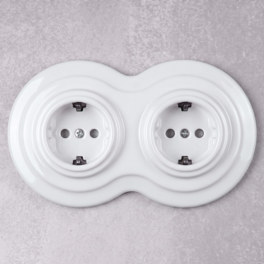 Elhard - Tomada doméstica dupla retro em cerâmica com moldura SCHUKO 230V branca