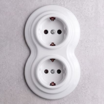 Elhard - Tomada doméstica dupla retro em cerâmica com moldura SCHUKO 230V branca