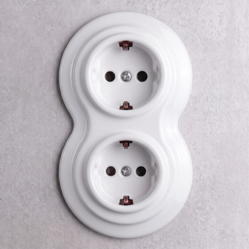 Elhard - Tomada doméstica dupla retro em cerâmica com moldura SCHUKO 230V branca