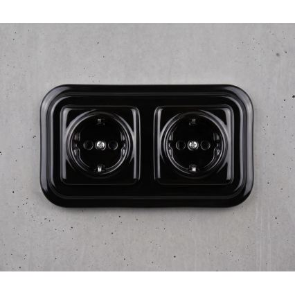 Elhard - Tomada doméstica dupla retro em cerâmica com moldura SCHUKO 230V preta