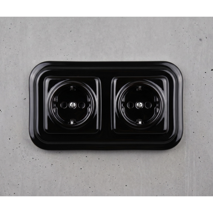 Elhard - Tomada doméstica dupla retro em cerâmica com moldura SCHUKO 230V preta