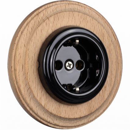 Elhard - Tomada doméstica retro de cerâmica com moldura 230V preta/madeira clara
