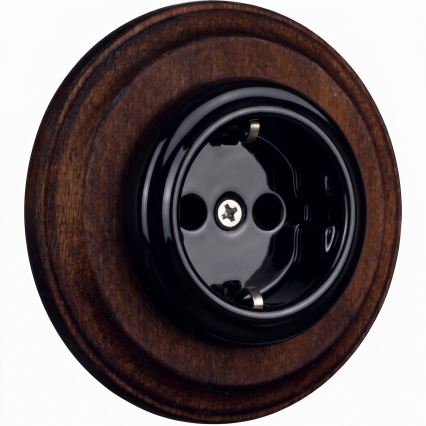 Elhard - Tomada doméstica retrô de cerâmica com moldura SCHUKO 230V preta/madeira escura