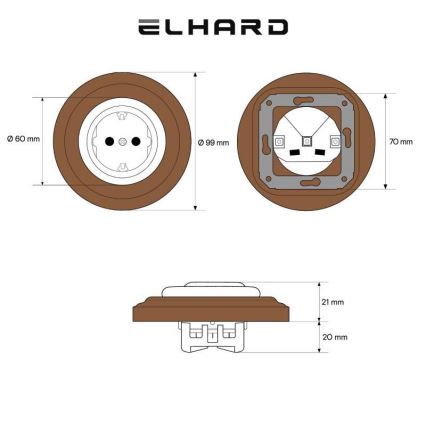 Elhard - Tomada doméstica retrô de cerâmica com moldura SCHUKO 230V preta/madeira escura