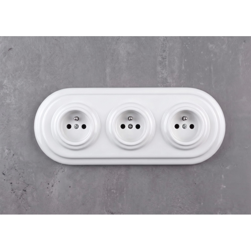 Elhard - Tomada doméstica retro de cerâmica tripla com moldura 230V branca