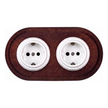 Elhard - Tomada doméstica retro dupla de cerâmica com moldura SCHUKO 230V branca/madeira escura