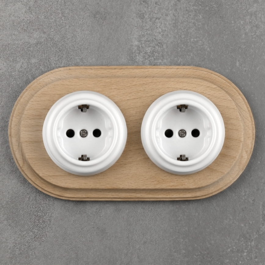 Elhard - Tomada doméstica retro dupla em cerâmica com moldura SCHUKO 230V branca/madeira clara