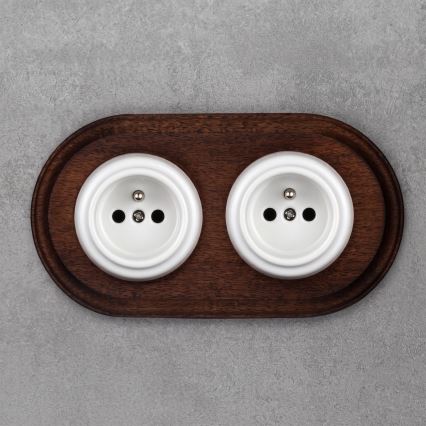 Elhard - Tomada retro dupla em cerâmica para uso doméstico com moldura, 230V, branca/madeira escura
