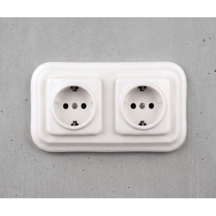Elhard - Tomada doméstica retro dupla em cerâmica com moldura SCHUKO 230V branca