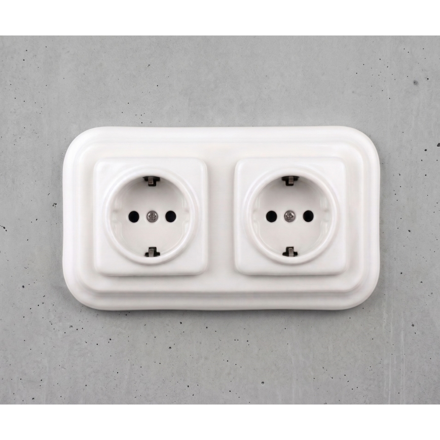 Elhard - Tomada doméstica retro dupla em cerâmica com moldura SCHUKO 230V branca