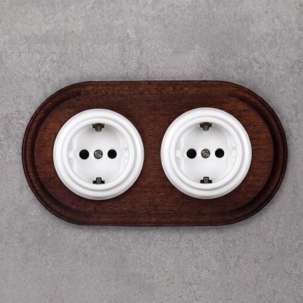 Elhard - Tomada doméstica retro dupla de cerâmica com moldura SCHUKO 230V branca/madeira escura