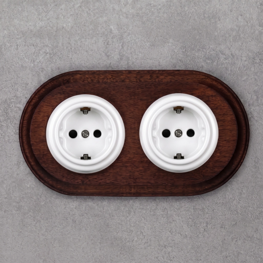 Elhard - Tomada doméstica retro dupla de cerâmica com moldura SCHUKO 230V branca/madeira escura