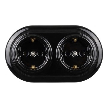 Elhard - Tomada doméstica retro dupla em cerâmica com moldura SCHUKO 230V preta