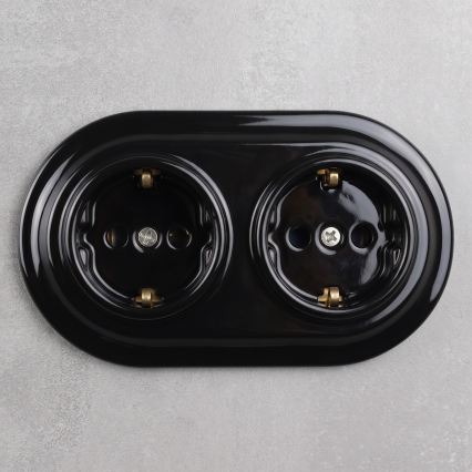 Elhard - Tomada doméstica retro dupla em cerâmica com moldura SCHUKO 230V preta