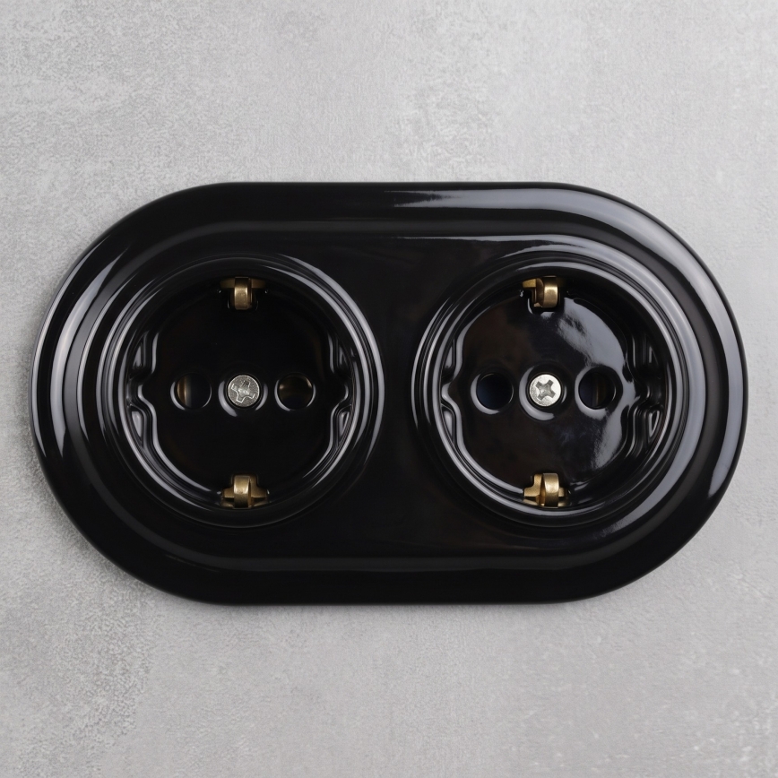 Elhard - Tomada doméstica retro dupla em cerâmica com moldura SCHUKO 230V preta